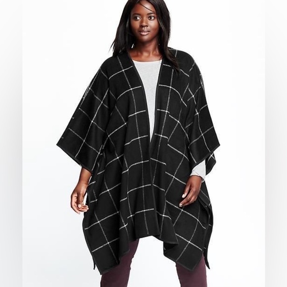 Old Navy wool blend plaid poncho top black white size XL-XXL - Picture 2 of 6